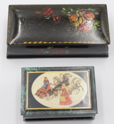 Auktion 350<br>2x div. russisches Lackdosen, 1x signiert, ca. H-4cm, B-13,5cm u. B-9cm [1]