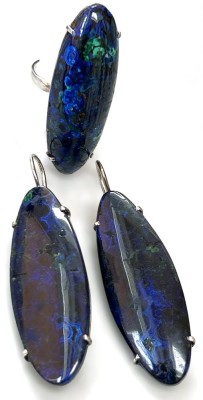 Auktion 350<br>Stein Set, Ring, 2x gr. Ohrhänger,  blaue Steine (Boulder Opal??), Ring _4,5 cm, Ohrhänger gesamt H-6,5 cm, versilberte Montur [1]