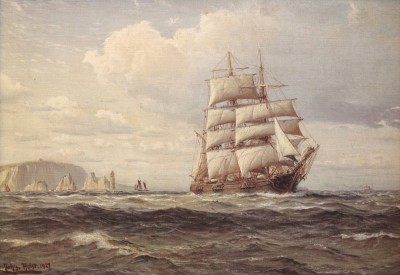 Auktion 350<br>Kunstdruck nach Johannes Holst, Segler vor Küste, gerahmt, RG 48 x 66cm [1]