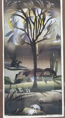 Auktion 350<br>Brigitte KRANICH (1933), 1979, Farb-Linolschnitt, Nr. 6/50,53x26 cm,  ger/Glas, RG 71x50 cm [1]
