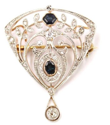 Auktion 356<br>sehr schöne antike Brosche mit Saphiren und Diamanten, 585er GG/WG, 6,95gr., 3,5 x 3cm anbei Zertifikat [1]