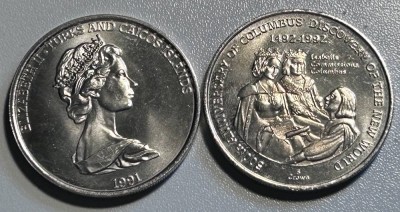 Auktion 356<br>2x 5 Crown Turks and Caicos Islands 1991, Entdeckung Amerikas [1]
