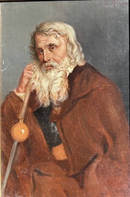 Auktion 352<br>unleserl. sign. Einsiedler Portrait, Öl/Platte, Kratzer, 32x22 cm, geschnitzter Holzrahmen, vergoldet, Fehlteile,RG 48x38 cm [1]