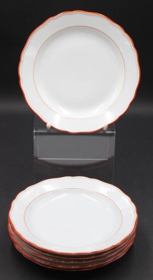 Auktion 352<br>6x flache Teller, Meissen Schwertermarke, Koralle,  je 2 Schleifstriche, D-22,2cm [1]