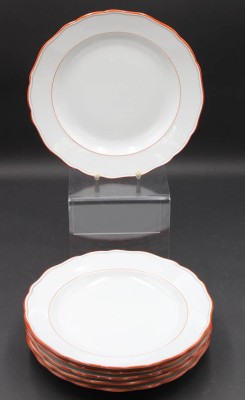 Auktion 352<br>6x flache Teller, Meissen Schwertermarke, Koralle,  je 2 Schleifstriche,  D-25cm [1]