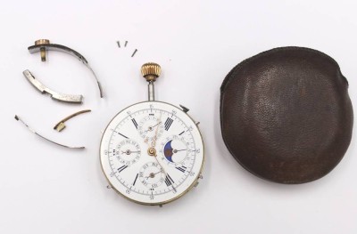 Auktion 352<br>Taschenuhr-Werk mit Mondphase, 19. Jhd., 1/4 Repetition, Werk läuft an, ca. D-4,8cm [1]