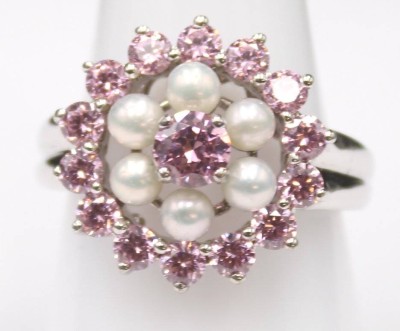 Auktion 352<br>925er Silber-Ring, rosa Steine sowie Perlen, 6,6gr., RG 60 [1]