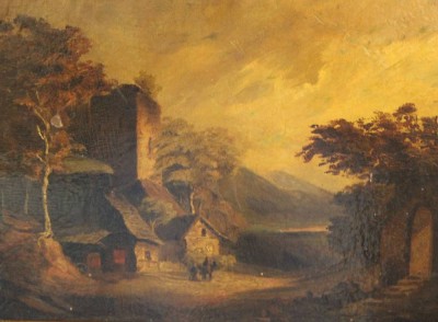 Auktion 358<br>Altmeister, Landschaft mit Personen, Öl/Holz, 1x Abplatzer, verso von fremder Hand 