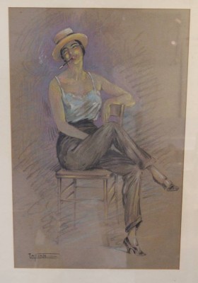 Auktion 358<br>Laporte, Dame auf Hocker, Mischtechnik, wohl um 1930/40, ger. /Glas, RG 67 x 50,5cm [1]