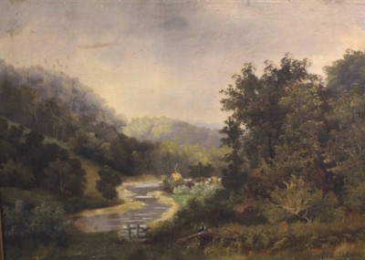 Auktion 358<br>Carl Schleicher o,ä,. 1898, Landschaft mit Person, Öl/Leinwand, alt gerahmt, RG 54 x 72cm [1]