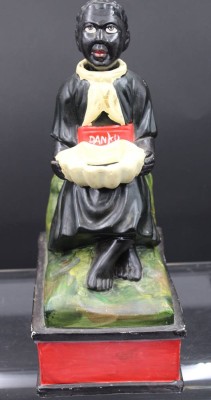 Auktion 353<br>Missionsspardose mit Wackelkopf, älter, wohl Stuck?, ca. H-33cm B-13,5cm T-20,5cm [1]