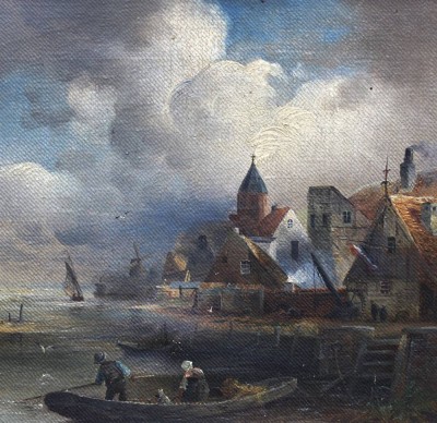 Auktion 353<br>anonym, Hafenszene, wohl Niederlande um 1900, Öl/Leinwand, alt gerahmt (Rahmen beschädigt), RG 42,5 x 43,5cm [1]