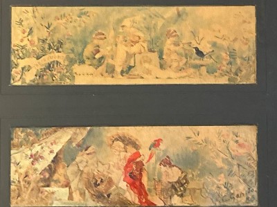 Auktion <br>unleserl.. sign.. (C. Galz?) 1986, 2 Aquarelle in einem Rahmen,/Glas, obere betitelt Tages Arbeit, RG 61x70 cm, Motive je ca. 11x35 cm [1]