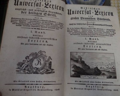 Auktion 354<br>Biblisches Universal Lexikon, Augsburg 1806, gut erhalten, illustriert und mit 10 Klappkarten etc, Kupferstiche, 21x14 cm [1]