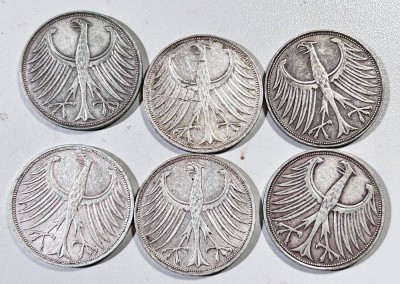 Auktion 355<br>11x 5 DM Kursmünzen, 1951-1974, grosser Adler, Silber, Nennwert 55 DM [1]