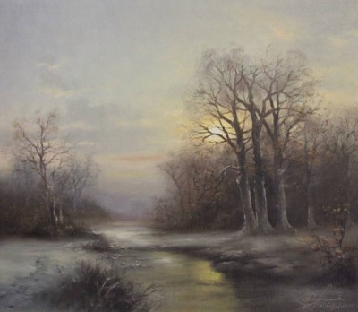 Auktion 359<br>Rudolf Otto Franke (1926 - 1992), winterliche Abendstimmung, Öl/Leinwand, gerahmt, RG 72 x 81,5cm [1]