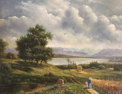 Auktion 359<br>Hönigl, Peggy L. (1937), Landschaft mit Personen, Öl/Holz, gerahmt, RG 30 x 36cm [1]