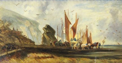 Auktion 358<br>anonymes Gemälde, Boote am Strand, Öl/Holz, gerahmt., RG 34 x 48cm [1]