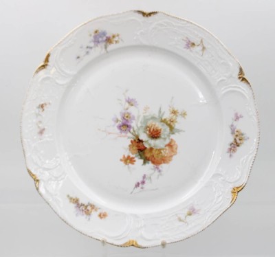 Auktion 364<br>gr. runde Platte, frühes Rosenthal Sanssouci, Goldzier und aufwendiges Blumendekor, um 1900, ca. H-3,5cm D-35cm [1]
