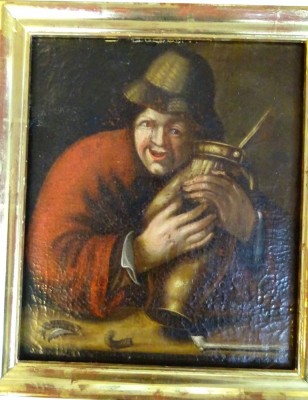 Auktion 356<br>anonymer Altmeister, Mann mit Krug, Öl/Leinen, auf Holz doubliert, gerahmt, RG 44x40 cm [1]