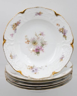 Auktion 356<br>6x tiefe Speiseteller, frühes Rosenthal Sanssouci, Goldzier und aufwendige Blumenbemalung, um 1900, ca. D-24,5cm [1]