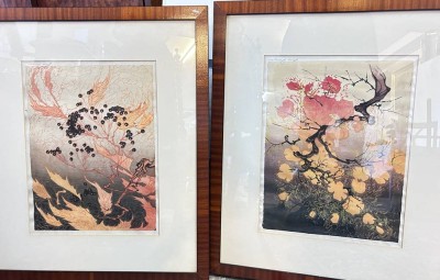 Auktion 356<br>Oscar DROEGE (1898-1982/83), 2x Farbholzschnitte, japan. Kirschblüten, ger/Glas, RG je 66x54 cm [1]