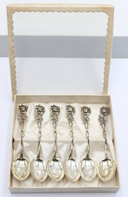 Auktion 357<br>6x Kaffeelöffel, 835er Silber, Hildesheimer Rose, 77,6gr., L-12,5cm [1]