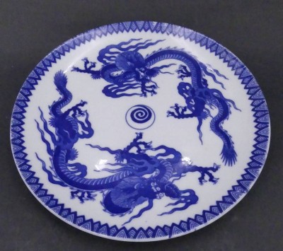 Auktion 357<br>japan. Teller mit Drachendekor in Blau, D-24 cm [1]