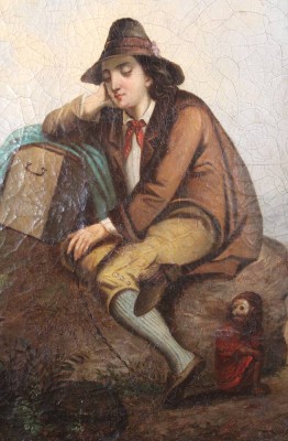 Auktion 357<br>anonymer Altmeister, rastender Mann mit Äffchen, Öl/Leinwand, gerahmt, RG 75 x 64cm, Sperrgutversand! [1]