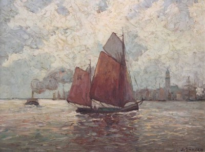 Auktion 357<br>J.Sanden (Johann Jungblut?), Boote vor Stadt, Öl/Holz, gut gerahmt, RG 59 x 70cm [1]