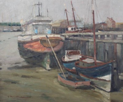 Auktion 357<br>Georg HAMBÜCHEN (1901-1971), Boote an der Pier, Öl/Leinwand, gerahmt, RG 64 x 72cm, Sperrgutversand! [1]