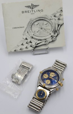 Auktion 358<br>Herrenuhr Breitling Chronomat UTC, Ref. B13048 144978,  Herst. 1990-1999, Edelstahl, Ref, B13050 110630, D-3,8cm, Tragespuren, anbei Anleitung und Extraschließe u. Glied, [1]
