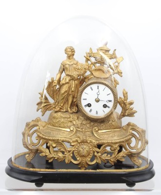 Auktion 358<br>schöne Tischuhr um 1900, wohl Frankreich, unter Glassturz, Werk läuft kurz an, Schlag geht, Uhr ca. H-30cm B-3 [1]