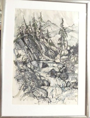 Auktion 358<br>Ulrich Stückelberger (1938), 1988 Bergwelt, aquarell. Zeichnung, ger/Glas, RG 109x80 cm, Sperrgut, Blattgrüsse 84x58 cm [1]