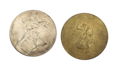 Auktion 358<br>2x Münzen, Weimarer Republik, Volksopfer Rhein und Ruhr 1923, 50 u. 100 Millionen Mark, Altersspuren [1]