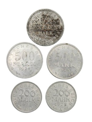 Auktion 358<br>5x Inflationsmünzen, Aluminium, [1]