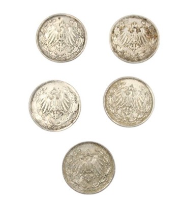 Auktion 358<br>5x 1/2 Mark, 1915-1919, Silber,  1x A, 2x J, G und E, zus. ca. 13,9gr., ca. D-2cm [1]