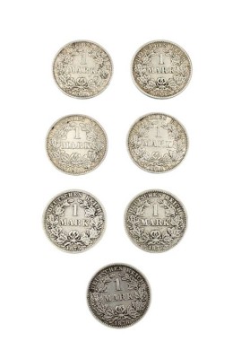 Auktion 358<br>6x 1 Mark, Deutsches Reich ab 1875, zus. ca. 44gr., D-2,5cm [1]
