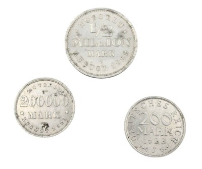 Auktion 358<br>3x Notgeld-Münzen, 2x Hamburg, Alu [1]