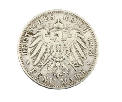 Auktion 358<br>5 Mark , 1893/D, Otto Koenig von Bayern, 27,6gr., D-3,8cm [1]
