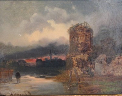 Auktion 358<br>M. Bürgeritz Pie, Person vor Ruine, Öl/Hartfaser, gut gerahmt, RG 32 x 38cm [1]