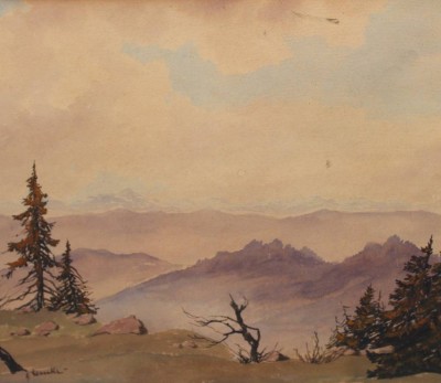 Auktion 358<br>wohl Arno LEMKE (1916-?), Riesengebirge und Falkenberge vom Hirschberg aus, Aquarell, ungerahmt in Passepartout, ca. 47 x 55cm, MG 30 x 36cm, restau. bedürftig [1]