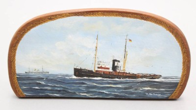 Auktion 358<br>kl. Gemälde auf Holz, Klaus ROSKAMP (1941), Schlepper Seefalke, Öl/Holz, ca. 11 x 22cm [1]
