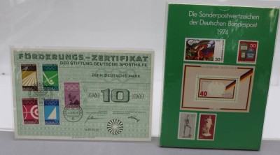 Auktion 358<br>Föderungszertifikat über 10,-DM 1969 sowie 1. Ausgabe Sonderpostwertzeichen 1974 [1]