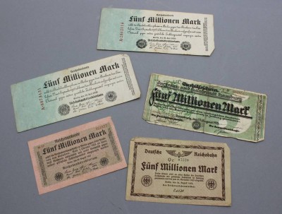 Auktion 358<br>5x Banknoten, je 5 Millionen-Mark, Inflations-Zeit [1]