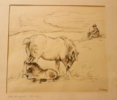 Auktion 358<br>unleserl. signierte Zeichnung, betitelt Weideidyll, ungerahmt in Passepartout, 26 x 27cm [1]