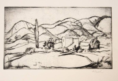 Auktion 358<br>Rudolf KOCH (1902-1985), südl. Landschaft, Radierung, ungerahmt, BG 25 x 35cm , Blatt rückseitig leicht verschmutzt [1]