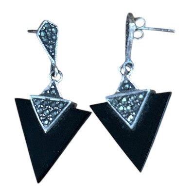 Auktion 358<br>Paar Silber-Ohrhänger mit Markasiten, Onyx Dreiecken, L-4,5 cm, 8,6 gr [1]