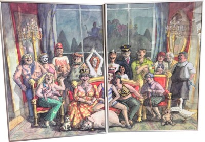 Auktion 359<br>Ulli Feldmann , 2008, 2 tg. Comic Aquarell, einzeln ger/Glas, 1 , RG je. 51x73 cm, nur rechtes  Bild signiert, 