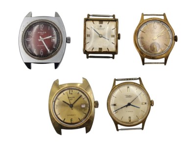 Auktion 359<br>5x div. Vintage Armbanduhren, ohne Bänder, Handaufzug, Junghans, Anker und Diehl laufen, Anker (rot) läuft kurz an, Junhans Meister steht, aller mit Trage -u. Altersspuren [1]